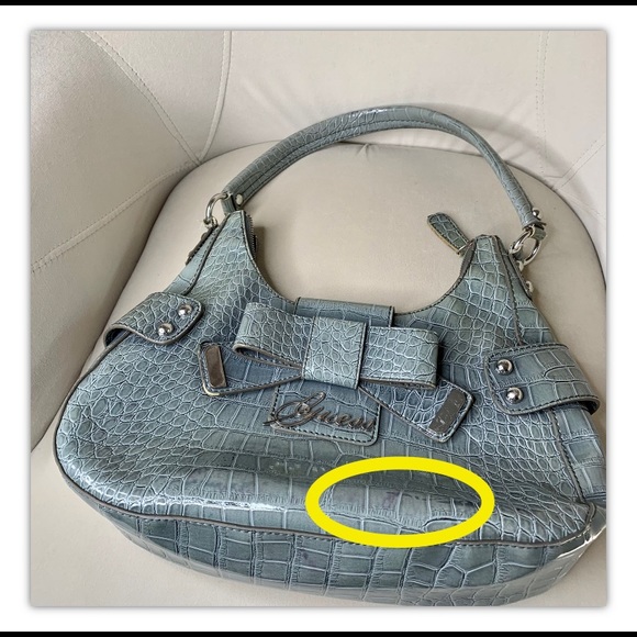 Guess Satchel Handbag Light Blue Faux Croc Bow - Picture 6 of 6